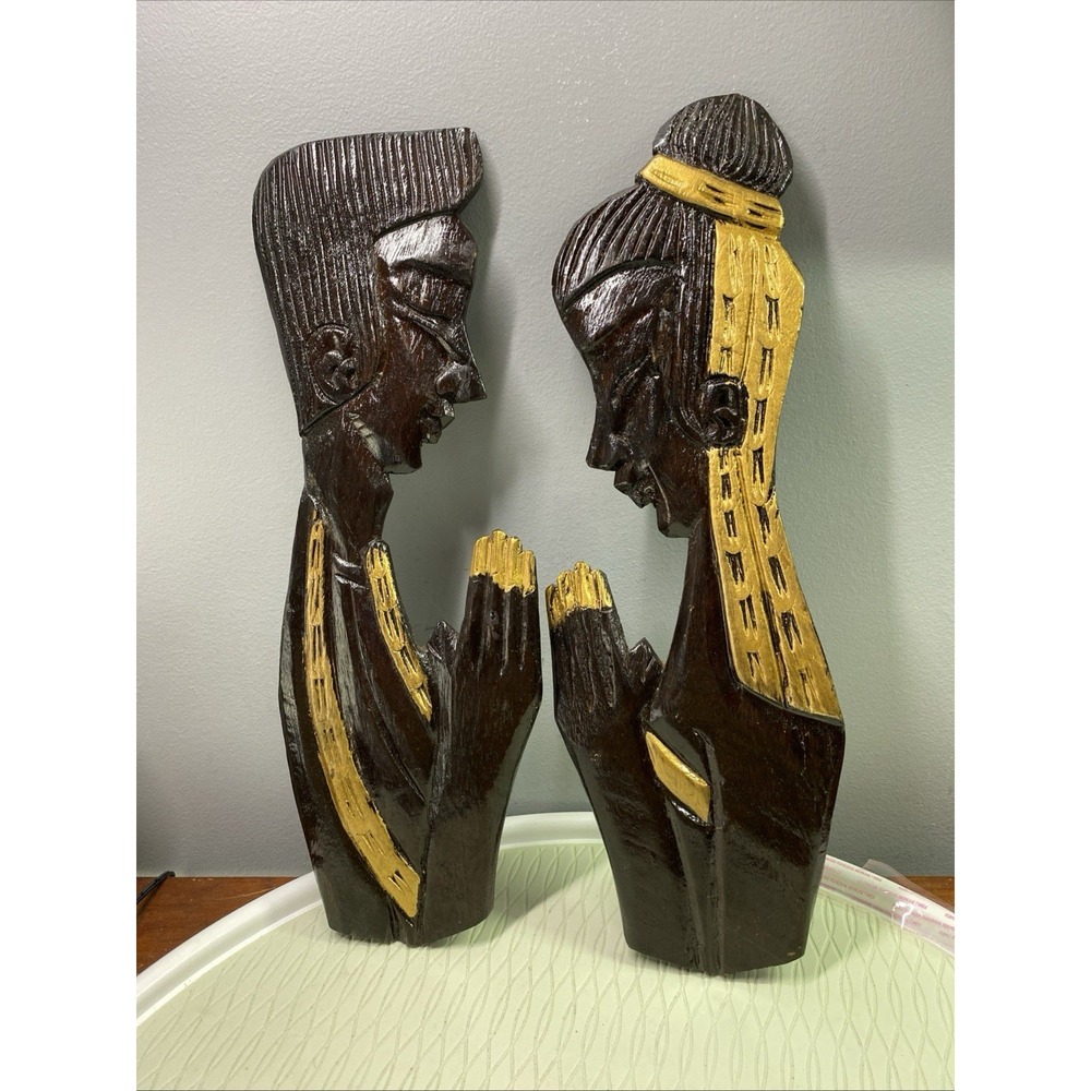 Vintage African Wooden Wall Art. Carved&Painted Teak/Ebony Wood Praying Hand 15"